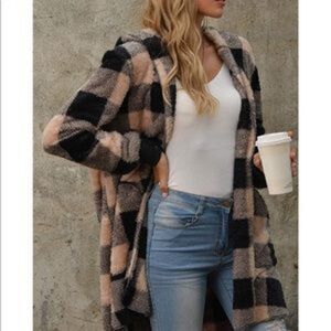 NEW Khaki Plaid Hooded Cardigan Sherpa Coat